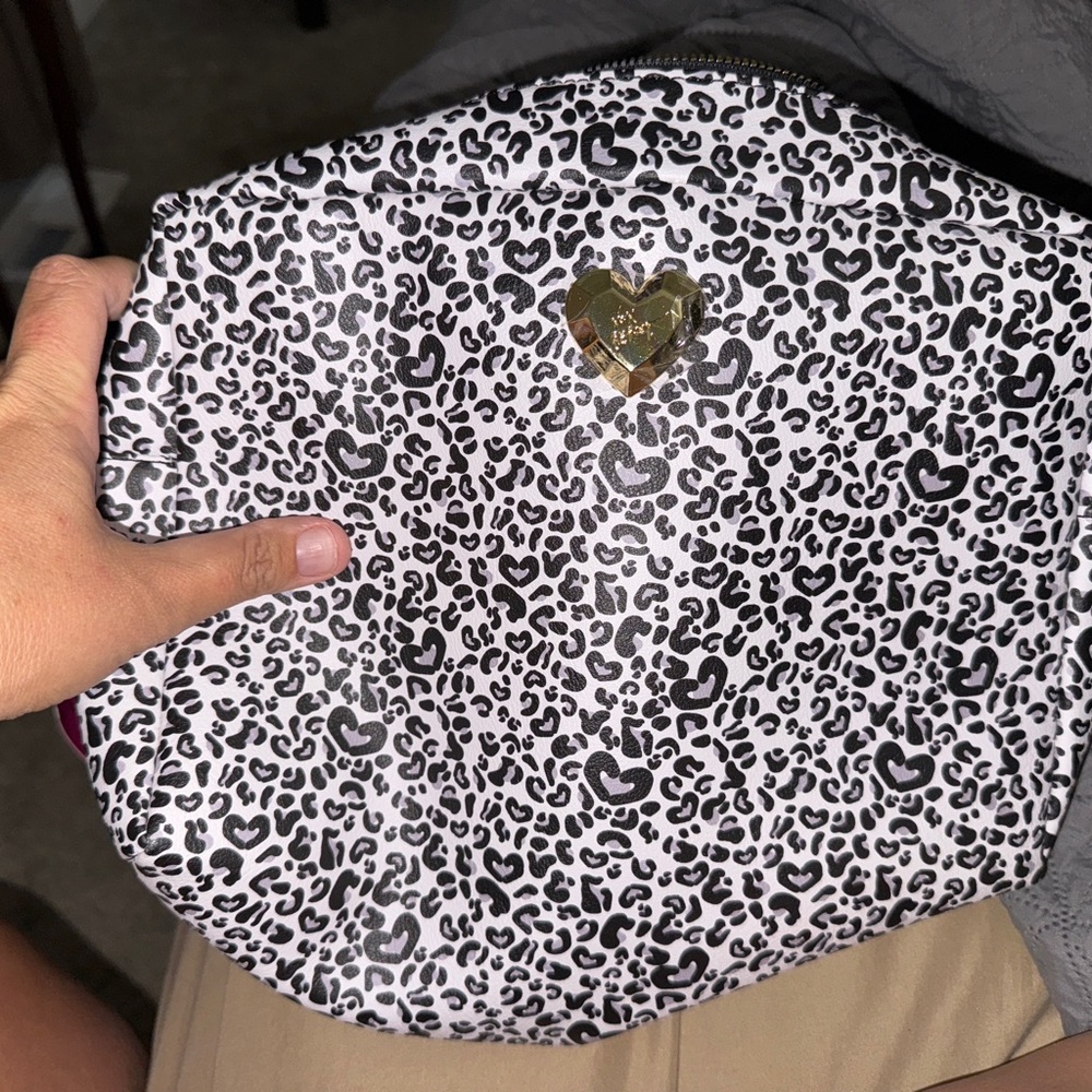 Leopard Print Cosmetic Bag with Gold Heart